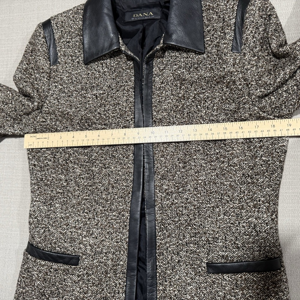 Dana Buchman Wool Blend Open Front Brown Tweed Blazer Black Leather Trim Size 8 - Picture 9 of 11